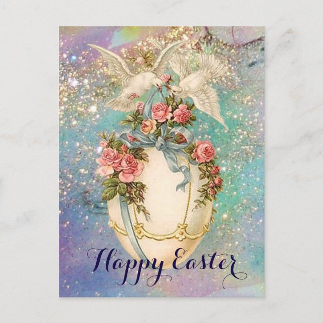 WHITE DOVES WITH EASTER EGG,BLUE BOW,PINK ROSES HOLIDAY POSTCARD (Front)