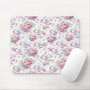 White Doves with Pink Peonies and Ribbons Mouse Mat