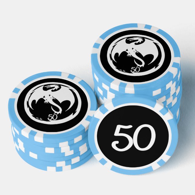 White Dragon black lt blue 50 striped poker chip (Stack)