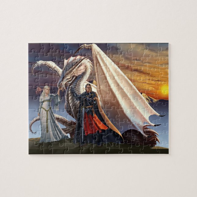 White Dragon, Knight in Armour and Elf Lady Fantas Jigsaw Puzzle (Horizontal)
