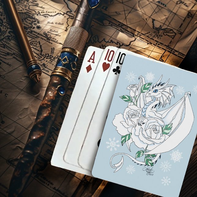 White Dragon Roses Snowflakes Blue Playing Cards (Creator Uploaded)