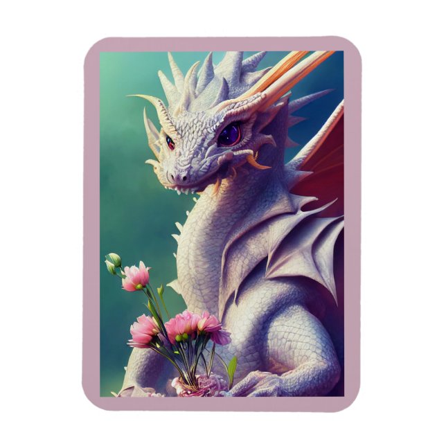 White Dragon with Flowers Magnet (Vertical)
