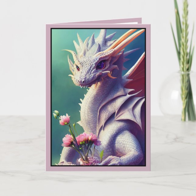 White Dragon with Flowers Valentine's Card (Front)