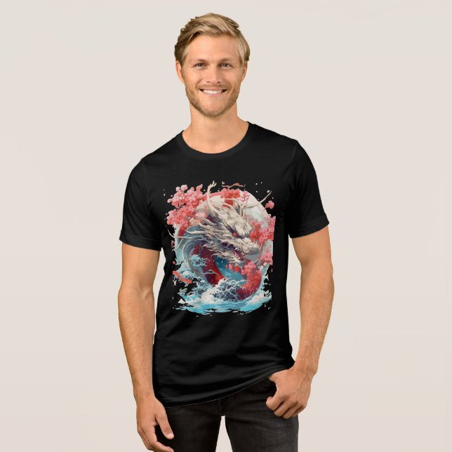 White Dragon with Waves and Sakura Tri-Blend Shirt (Front Full)