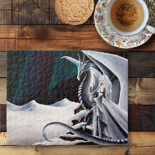 White Dragon Woman Fantasy Auroras Borealis Jigsaw Puzzle (Creator Uploaded)