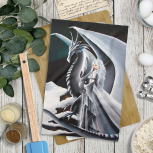 White Dragon Woman Fantasy Auroras Borealis Tea Towel