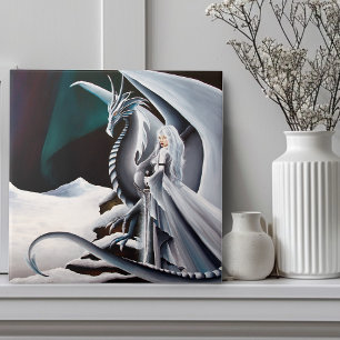 White Dragon Woman Fantasy Auroras Borealis Tile