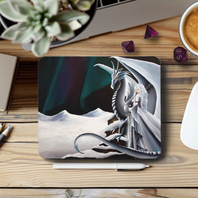 White Dragon Woman Fantasy Auroras Mouse Mat (Creator Uploaded)