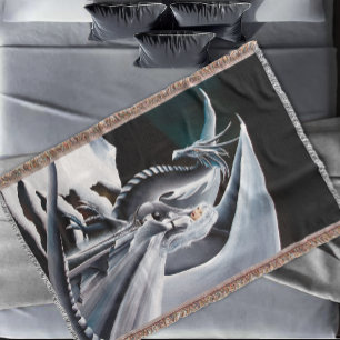 White Dragon Woman Fantasy Auroras Throw Blanket