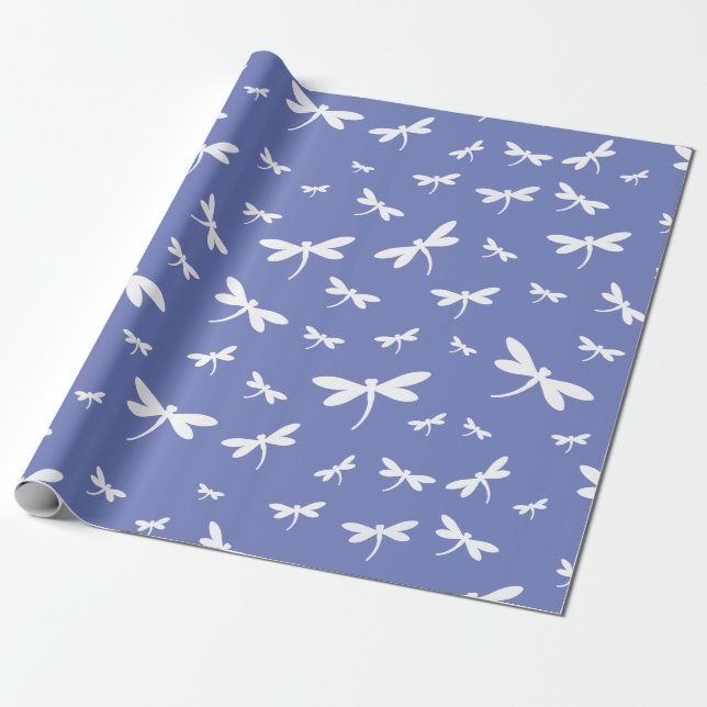 White Dragonflies Pattern - Customisable BG Colour Wrapping Paper (Unrolled)