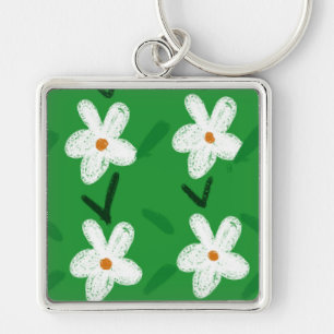 White Drawn Floral Pattern Flower Art Pattern Aest Key Ring