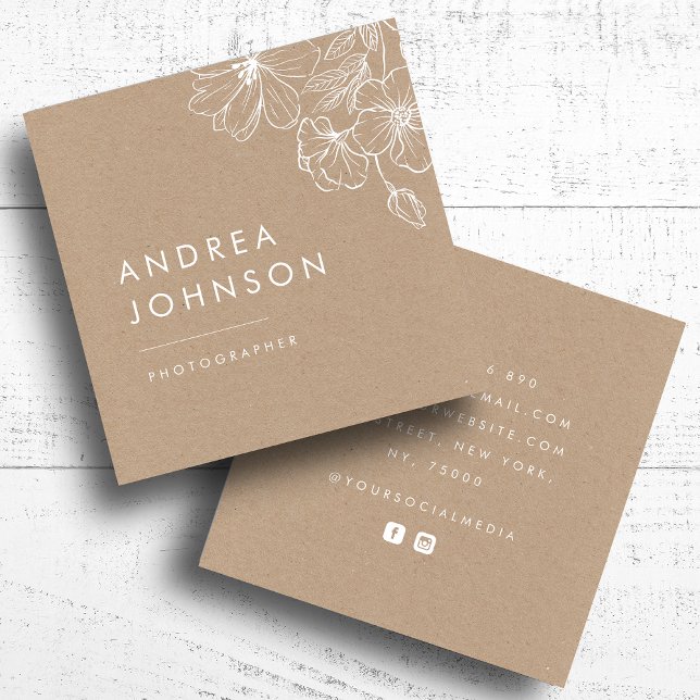 White Drawn Floral Rustic Kraft Botanical Simple   Square Business Card (Creator Uploaded)