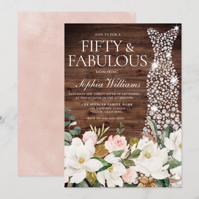White Dress Blush White Rustic 50th Birthday Invitation (Front/Back)