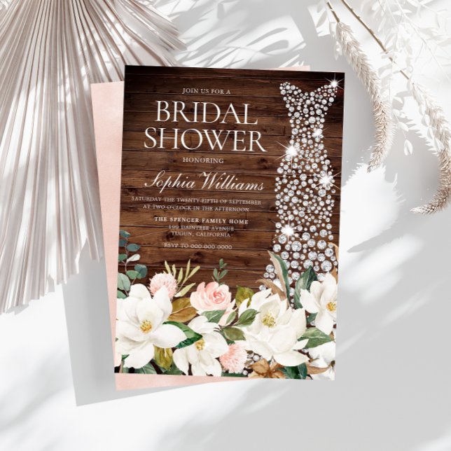 White Dress Blush White Rustic Bridal Shower Invitation (Creator Uploaded)