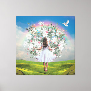 White Dress Girl Bouquet Rainbow Sky Collage Canvas Print