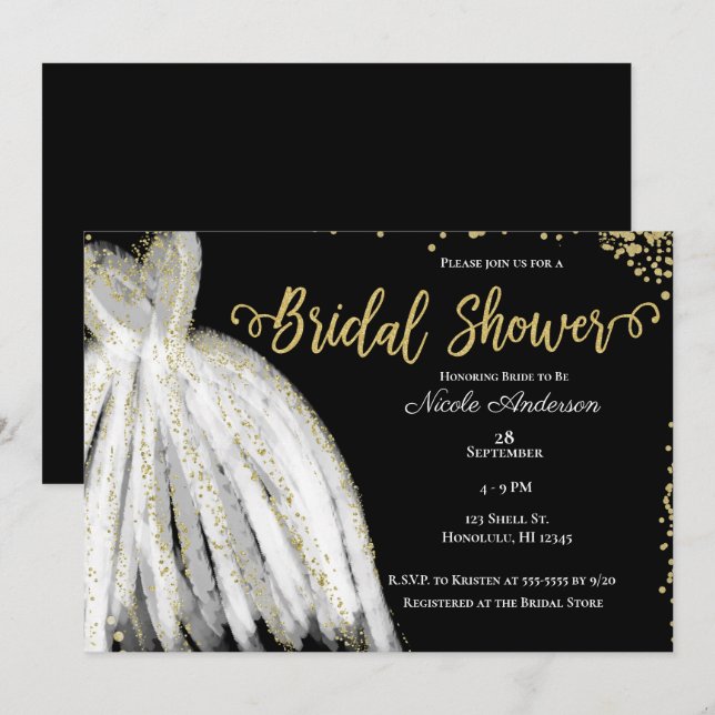 White Dress & Gold Glitter Black Bridal Shower Invitation (Front/Back)