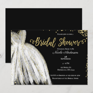 White Dress & Gold Glitter Black Bridal Shower Invitation