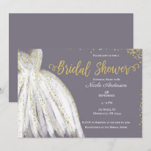 White Dress Gold Glitter Purple Grey Bridal Shower Invitation