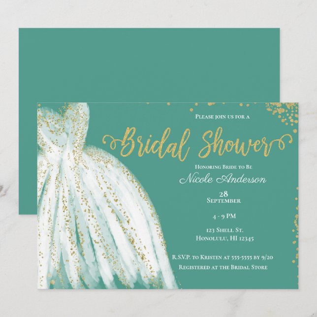 White Dress & Gold Glitter Teal Bridal Shower  Invitation (Front/Back)
