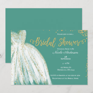 White Dress & Gold Glitter Teal Bridal Shower  Invitation