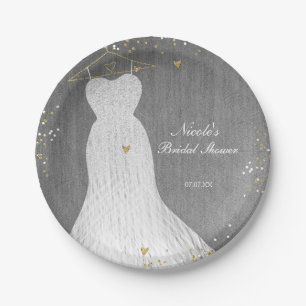 White Dress on Gold Hanger Bridal Shower Party Paper Plate