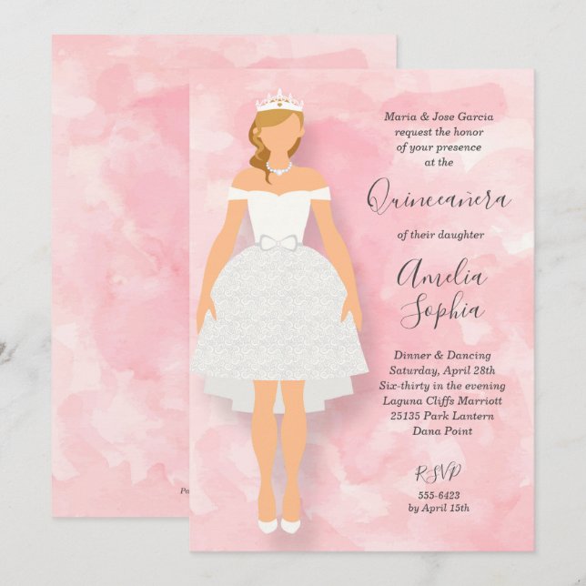 White Dress Pink Quinceanera Invitations (Front/Back)