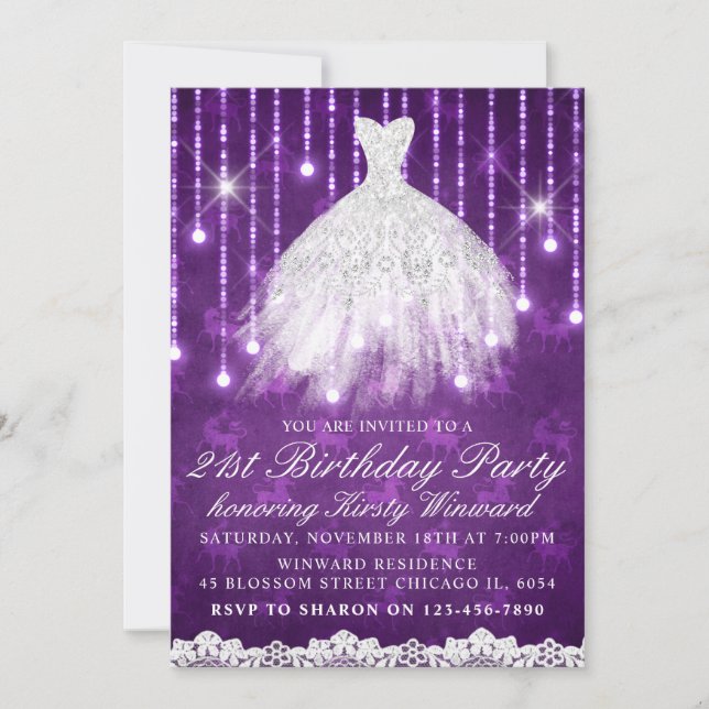 White Dress Purple Glamourous Birthday Party Invitation (Front)