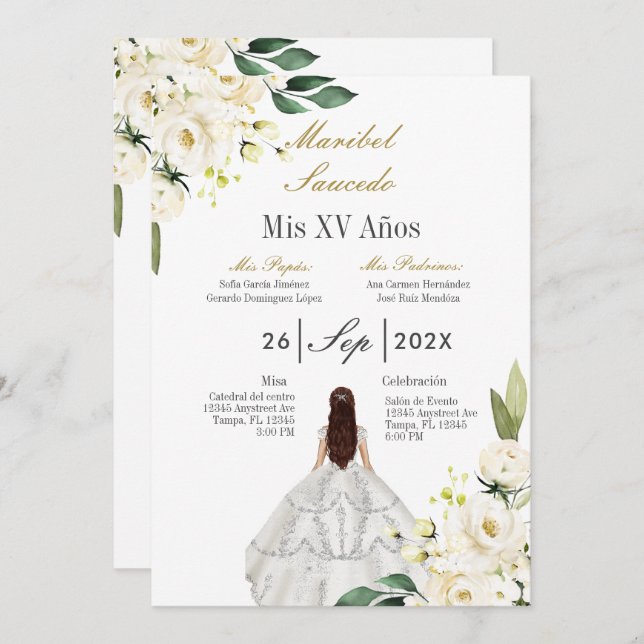 White dress quinceañera  invitation (Front/Back)