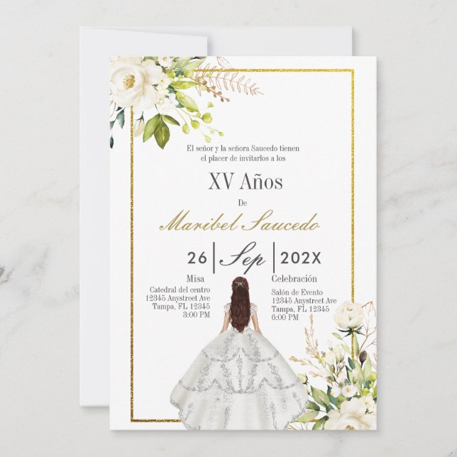 White dress quinceañera  invitation (Front)