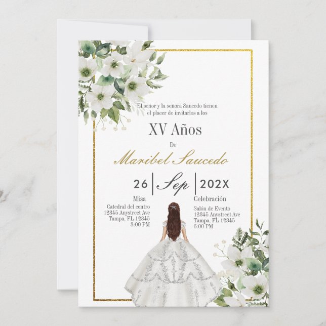 White dress quinceañera  invitation (Front)