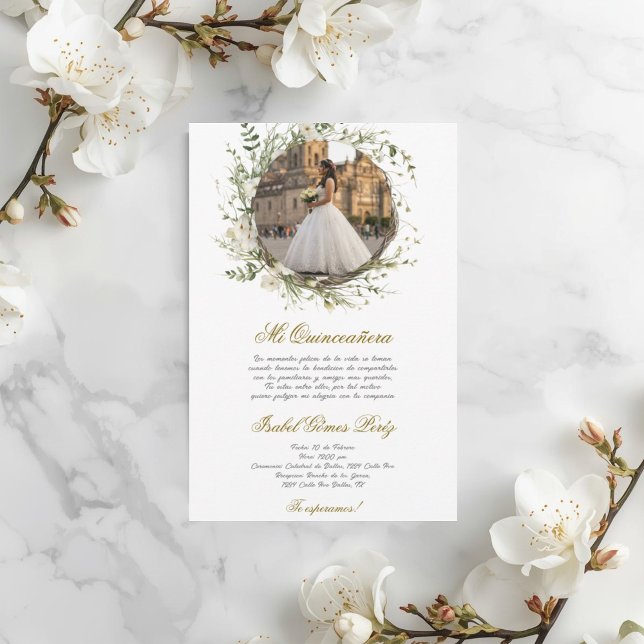 White dress Quinceanera with picture in Spanish Invitation (Creator Uploaded)