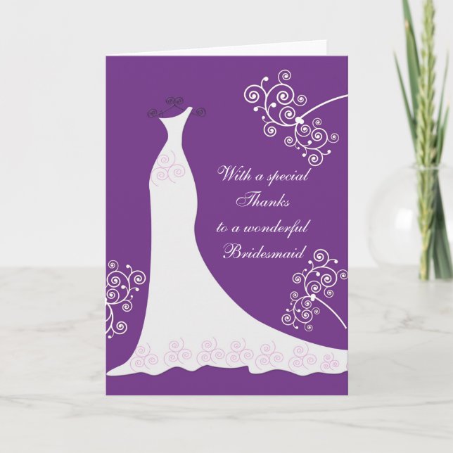 White dress, swirls on purple Wedding Thank You Card (Front)