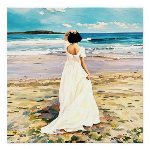  White Dress Walking on Tranquil Beach Shoreline Poster