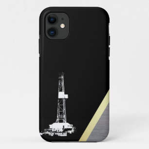 White Drilling Rig Silhouette on Black and Metal iPhone 11 Case