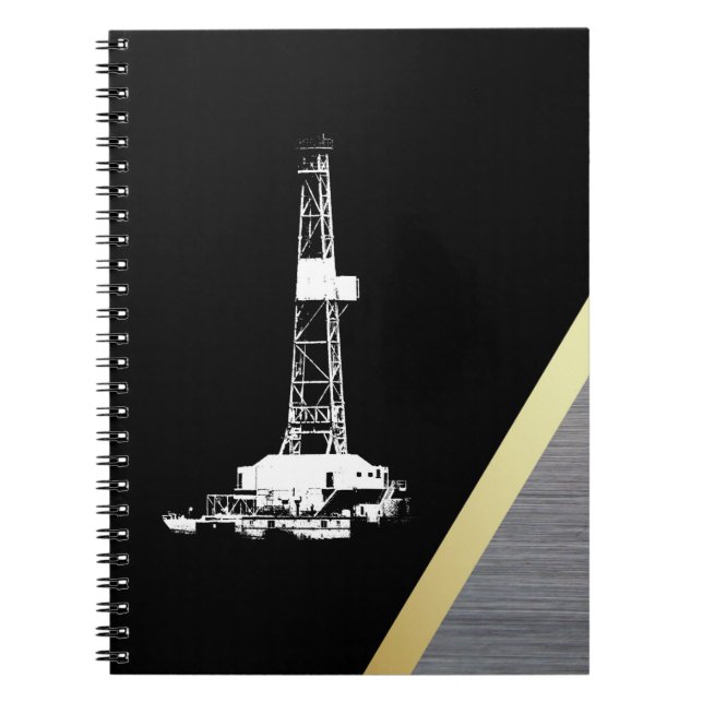 White Drilling Rig Silhouette on Black and Metal Notebook (Front)