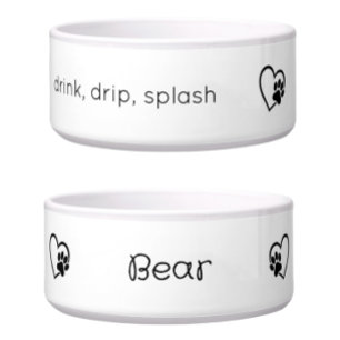 White 'drink drip splash' Dog Name Bowl