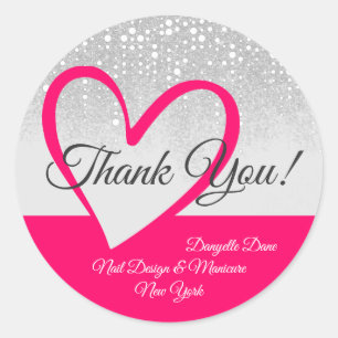 White Drips Pink Heart Calligraphy Thank You Label
