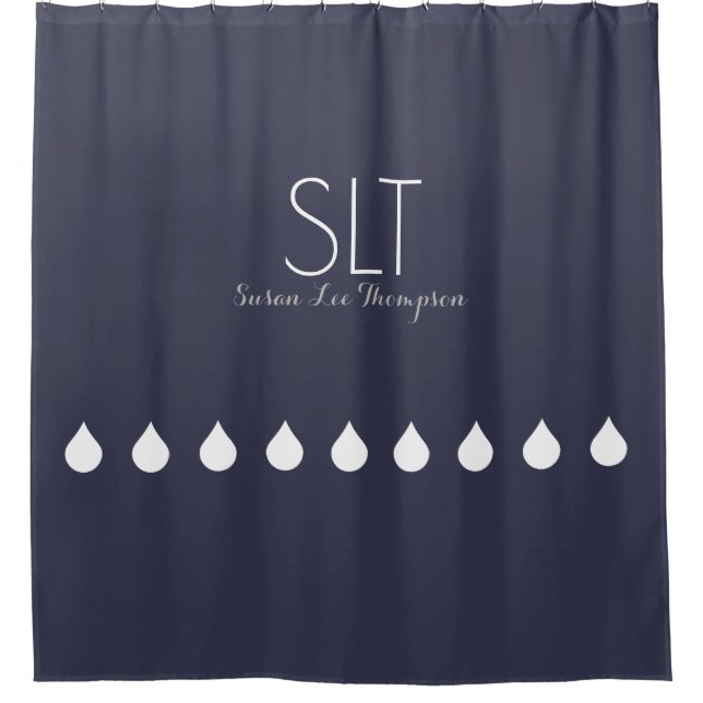White Drops with Name & initial on Blue (custom) Shower Curtain (Front)