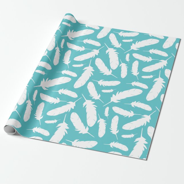 White Duck Feathers Teal Patterned Wrapping Paper (Unrolled)