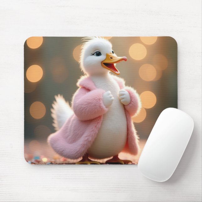 White Duck In Pink Fur Coat Mouse Mat (With Mouse)