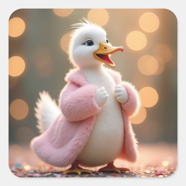 White Duck In Pink Fur Coat Square Sticker (Front)