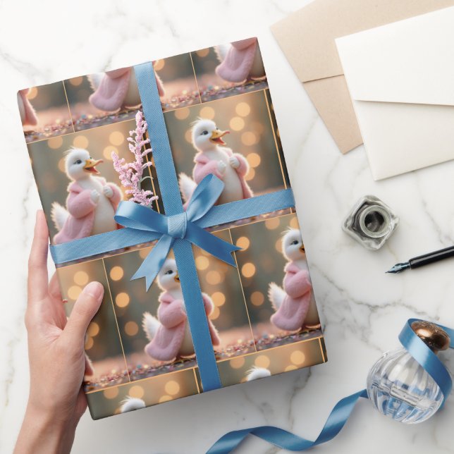 White Duck In Pink Fur Coat Wrapping Paper (Gifting)
