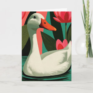 White Duck Lotus Pond Botanical Art Card