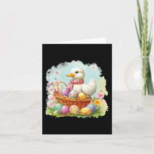 White Duck On A Bysket Full Of Easter Eggs; Easter Card