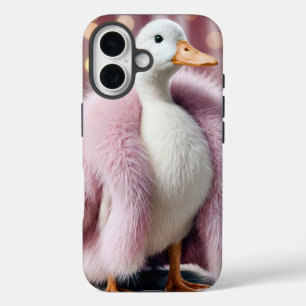 White Duck Wearing a Pink Fur Coat iPhone 16 Case