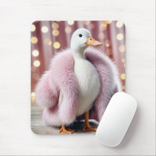 White Duck Wearing a Pink Fur Coat Mouse Mat