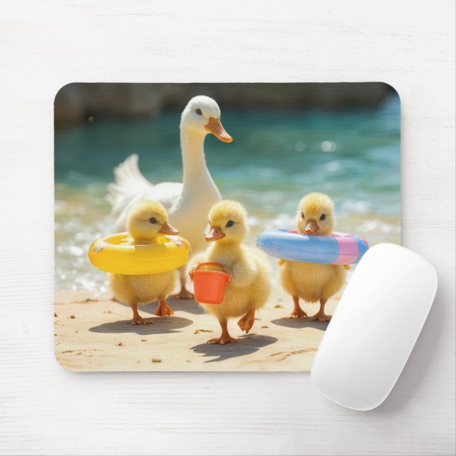 White Duck With Ducklings On the Beach Mouse Mat (With Mouse)