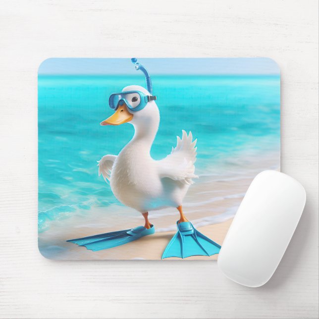 White Duck With Flippers On Beach Mouse Mat (With Mouse)
