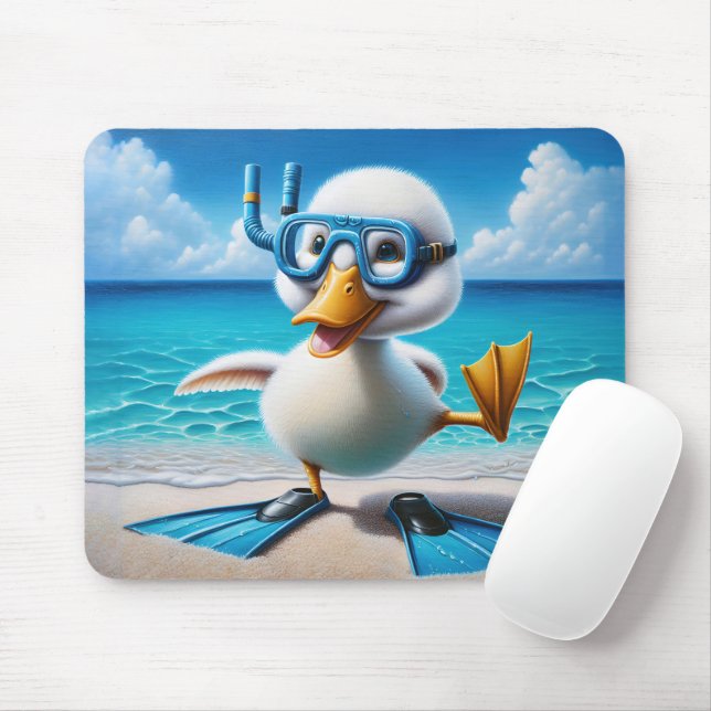 White Duck With Snorkel On Beach Mouse Mat (With Mouse)