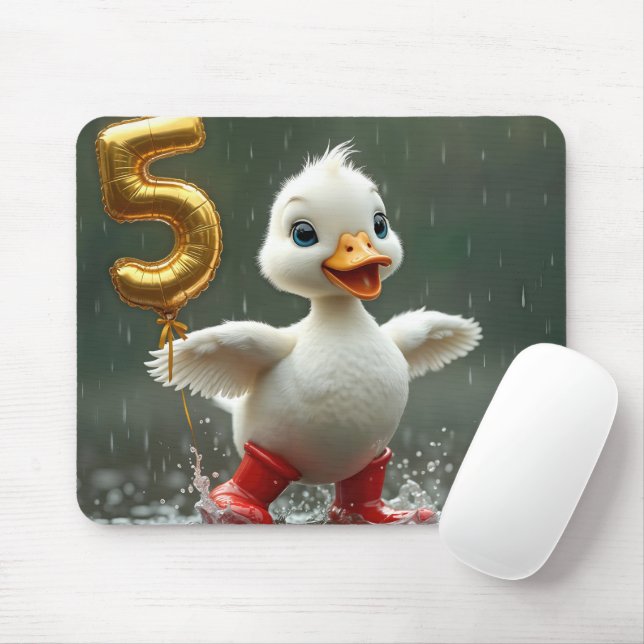 White Duckling In a Rain Puddle With #5 Balloon Mouse Mat (With Mouse)